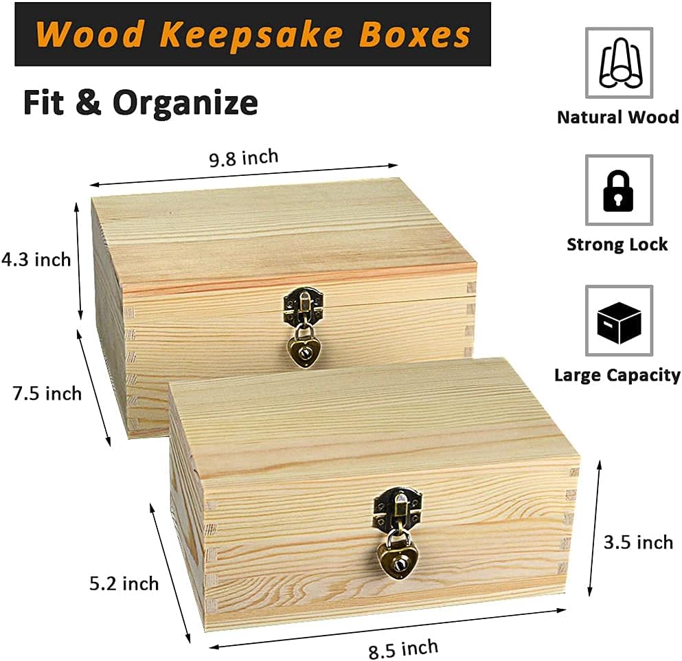 Set of 4 Wood Storage Box with Lock and Keys Decorative Wooden ‎Keepsake Box Case with Hinged Lid Treasure Chest Jewelry Trinket Organizer Gift Container Boxes for Women Men Letter Photo Rustic Brown image 3