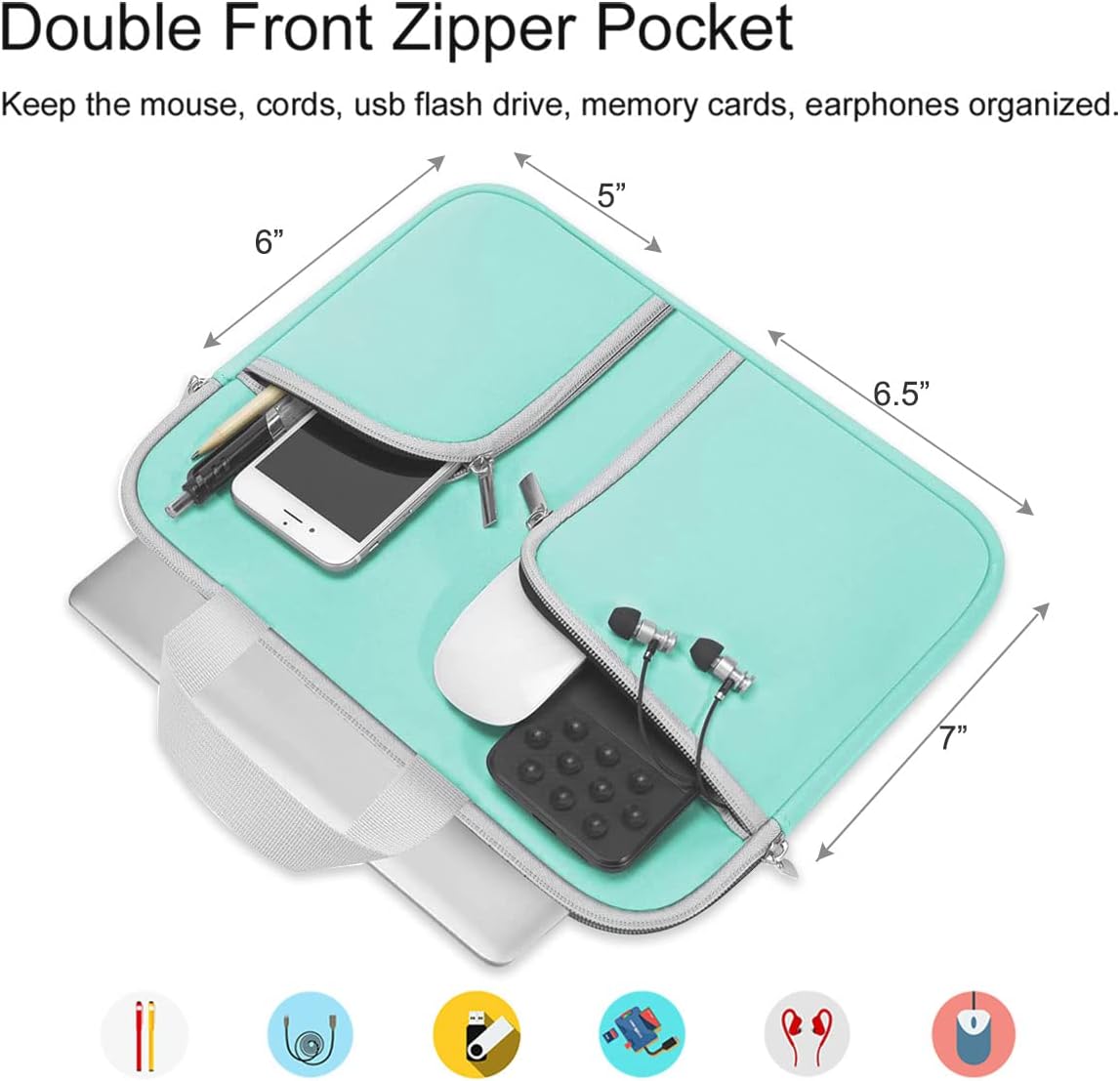HESTECH Chromebook Case 13.3"-14inch Laptop Case Neoprene Sleeve with Handle Zipper Pocket for MacBook Pro/Air Acer ASUS Lenovo HP Dell Samsung Microsoft, Mint Green image 2