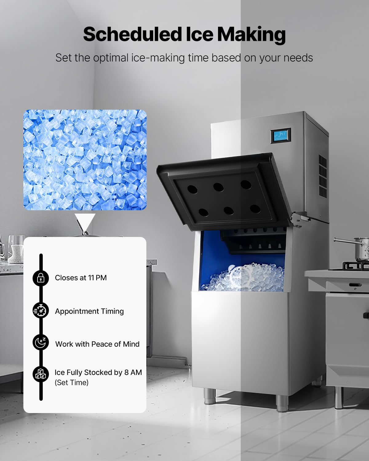 VEVOR Gewerbliche Eismaschine Prozessorkopf 163 kg/Tag Edelstahl, mit Selbstreinigung & Touchscreen, Eiswürfelbehälter mit 113 kg Kapazität, Ideal für Restaurants Bars Cafés Hotels