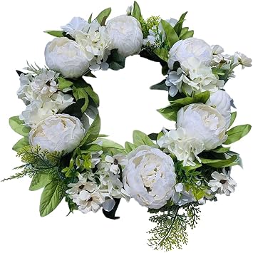 Peony Spring Wreath for Front Door 15inch Handmade Floral Wreath Artificial Spring Summer Fall Winter Wreath for Door Wall Windows Decor White