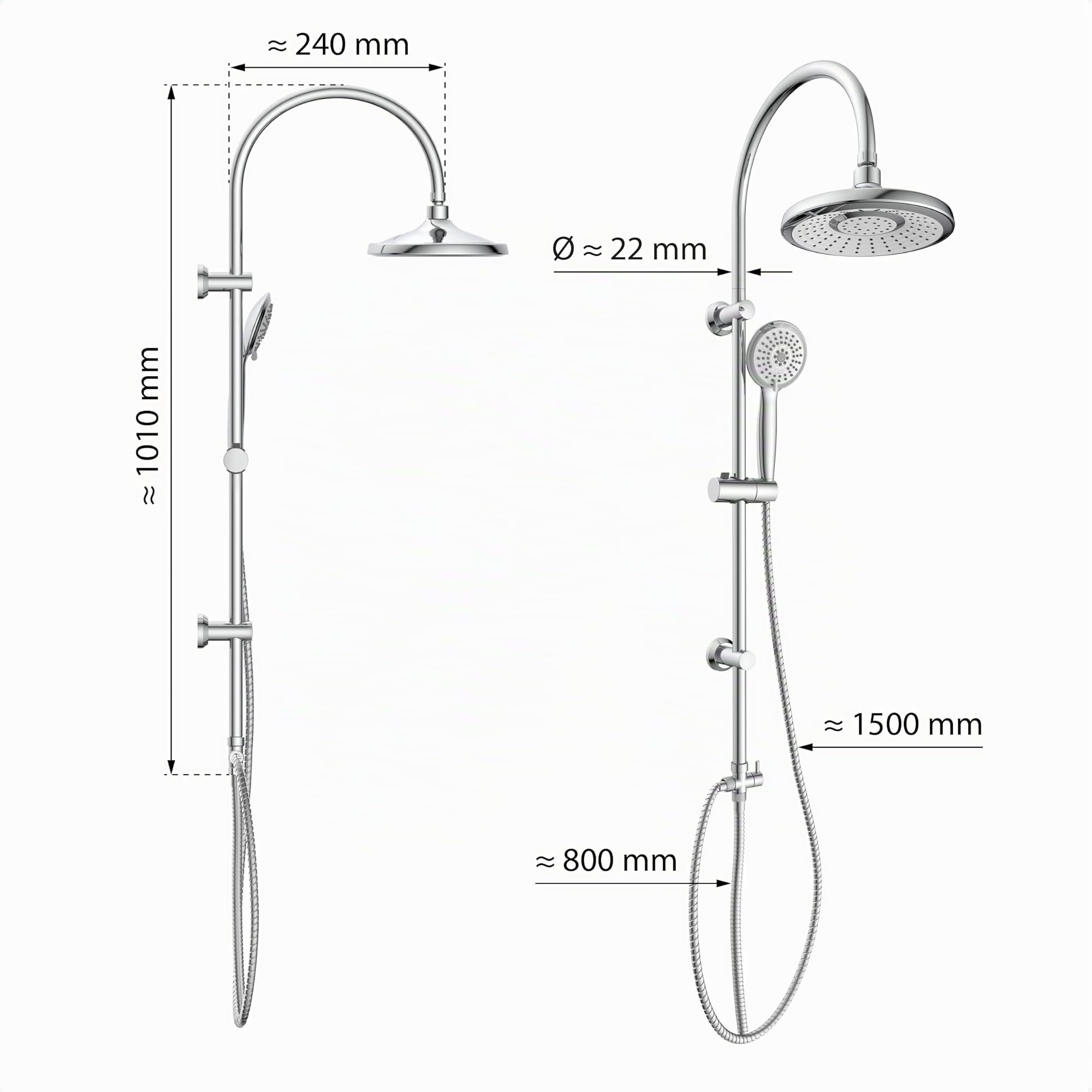 EISL Sommerregen DX1005CS-A Conjunto de ducha sin grifo, conjunto 2 en 1, ducha grande y teleducha, ducha sin grifo, kit de instalación completo, cromo