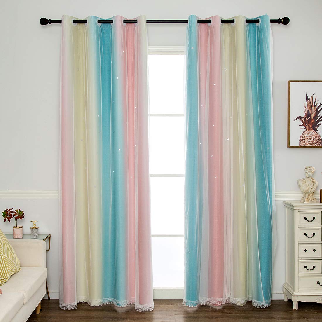 vctops Blackout Stripe Gradient Window Curtains Double Layer Tulle Overlay Drapes Star Cut Out Curtains for Kids Girls Bedroom Living Room, 1 Panel (Rainbow,52