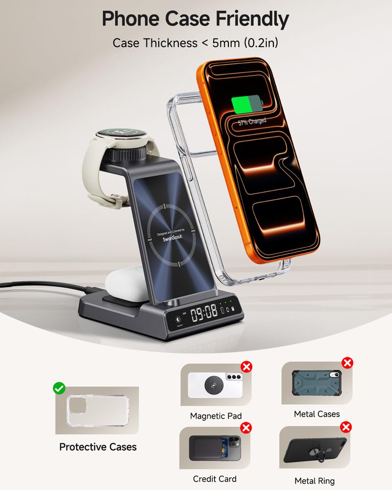 3 in 1 Kabellose Ladestation für Garmin Uhr Vivoactive/Venu/Forerunner/Instinct/Fenix/Epix 2, Ladegerät Ständer für Samsung S25/S24, für iPhone Air/17/16, für AirPods, für Galaxy Buds3 (Ohne Adapter)