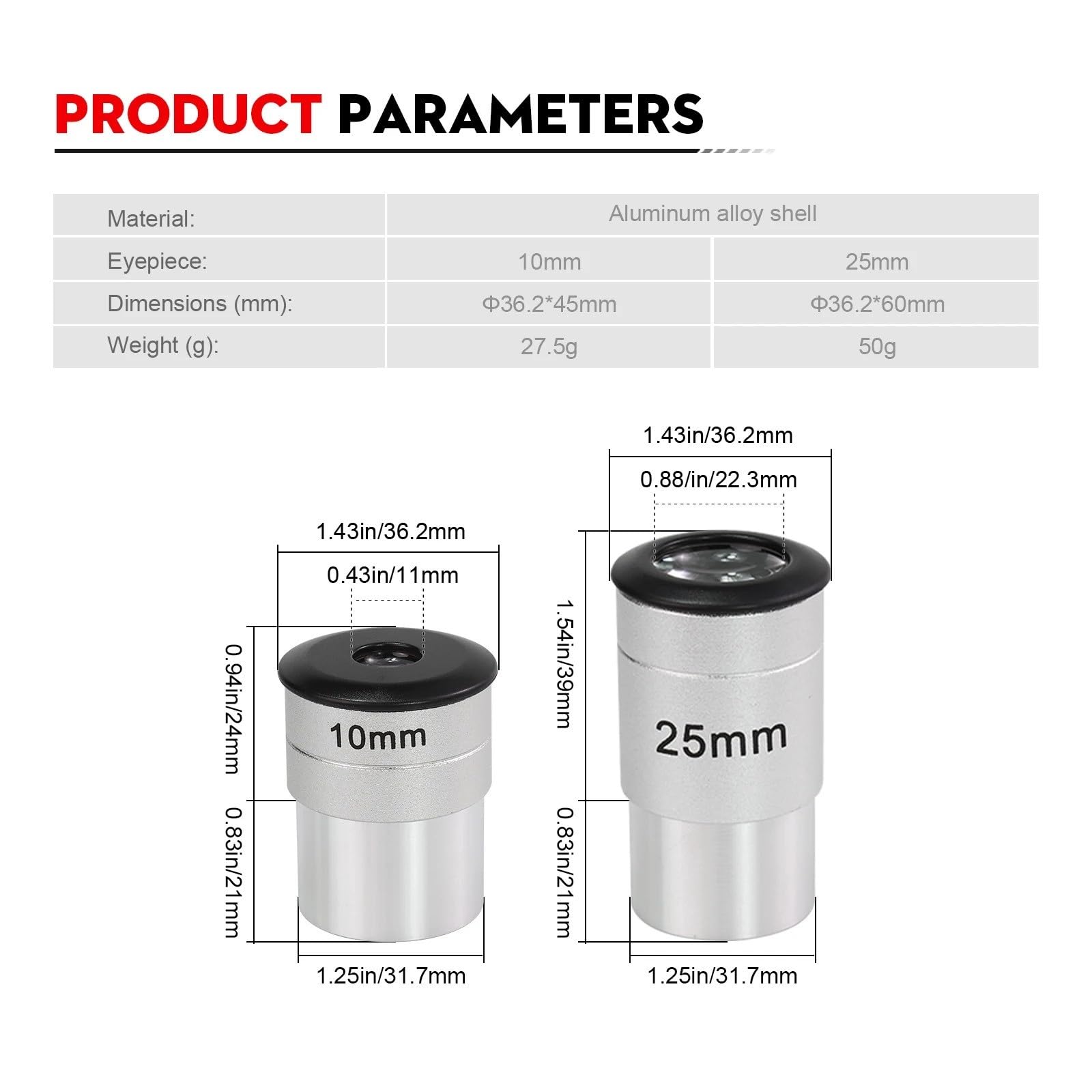 Oculares de 1,25" 25 mm y 10 mm FMC for telescopio astronómico(Set 10mm-20mm)