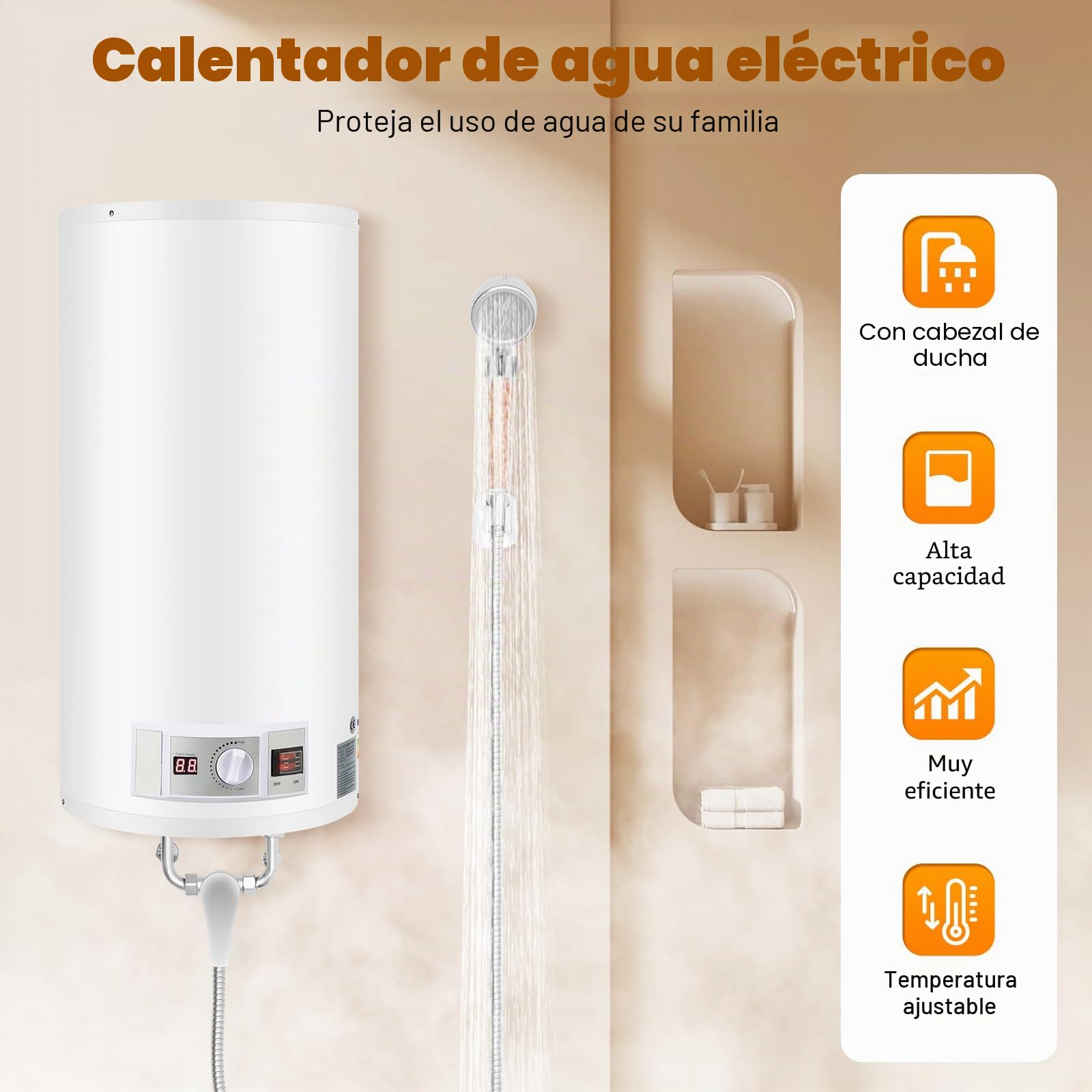 Calentador de agua caliente eléctrico 2000 W Smart Caldera de pared Caldera de agua caliente 80 L, incluye válvula de seguridad, cabezal de ducha y manguera, IPX4, temperatura de calentamiento 25-75 ℃