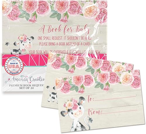 Amanda Creation Tarjetas de vaca floral rosa acuarela "Bring a Book" para baby showers, 20 tarjetas de inserción de doble cara de 2.5 x 4 pulgadas,