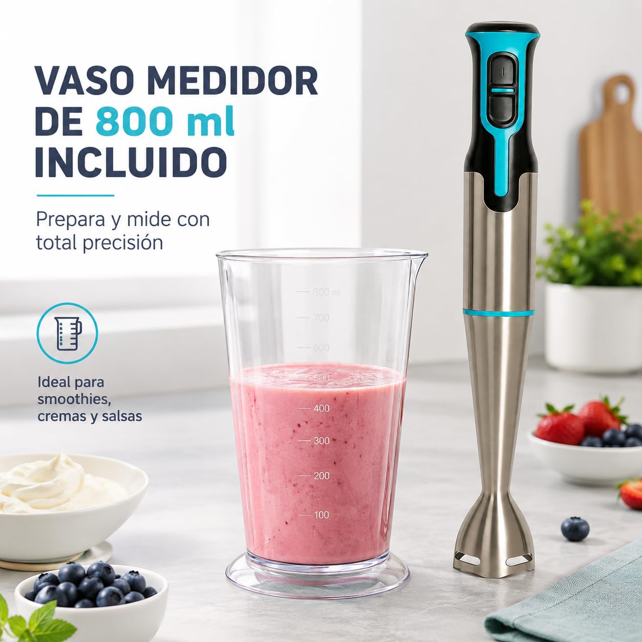 Batidora de mano 700w 2 velocidades, cuchillas acero inoxidable (AZUL) | 2 cuchillas de acero para batidos, cremas, purés y salsas; fácil limpieza