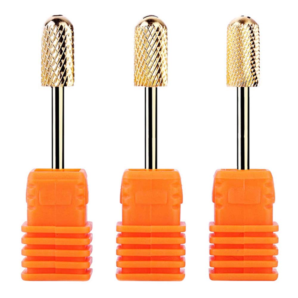 Makartt Safety Nail Drill Bit Set 3Pcs Carbide Nail Drill Bits Set Remove Gel Polish Dip Powder Nail Extension Gel Drill Bits Nail Art Coarse Medium Fine 3 32 Manicure (Gold Safety Nail Drill Bits)