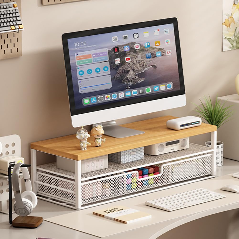 CAKERS Riser De Stand De Moniteur En Métal Robuste | Étagère D'organisateur De Bureau Polyvalent Avec Tiroir De Stockage | Accessoires De Bureau Créatifs,Blanc,50x20x17cm (19.6x7.8x6.6 Pouces)