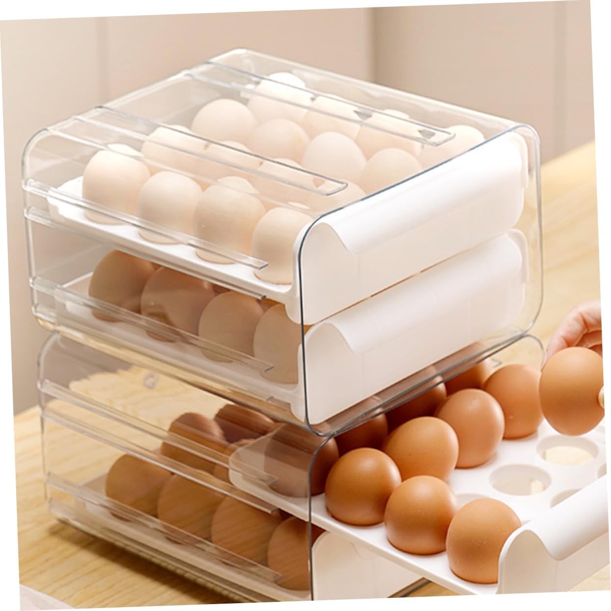 32-Compartment Stackable Egg Storage Container Drawer White Refrigerator Organizer for Egg Storage Plastic Holder for Kitchen and Fridge