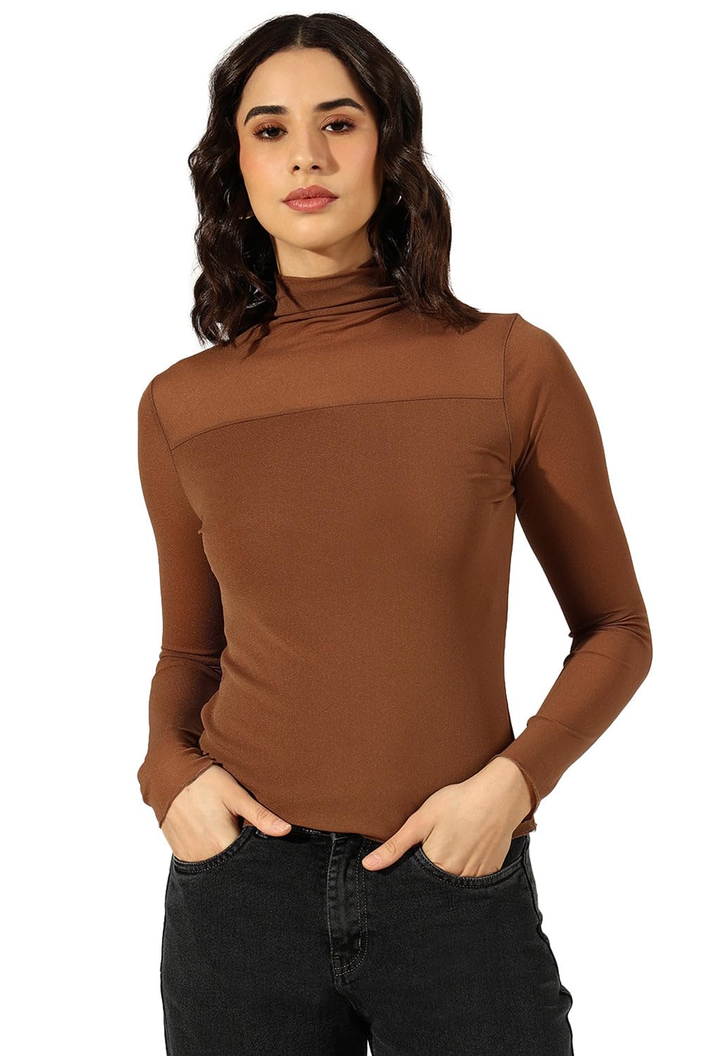 Edition Women's Brown Turtleneck Mesh Yoke Top-CHN-675_Brown-P-image-33