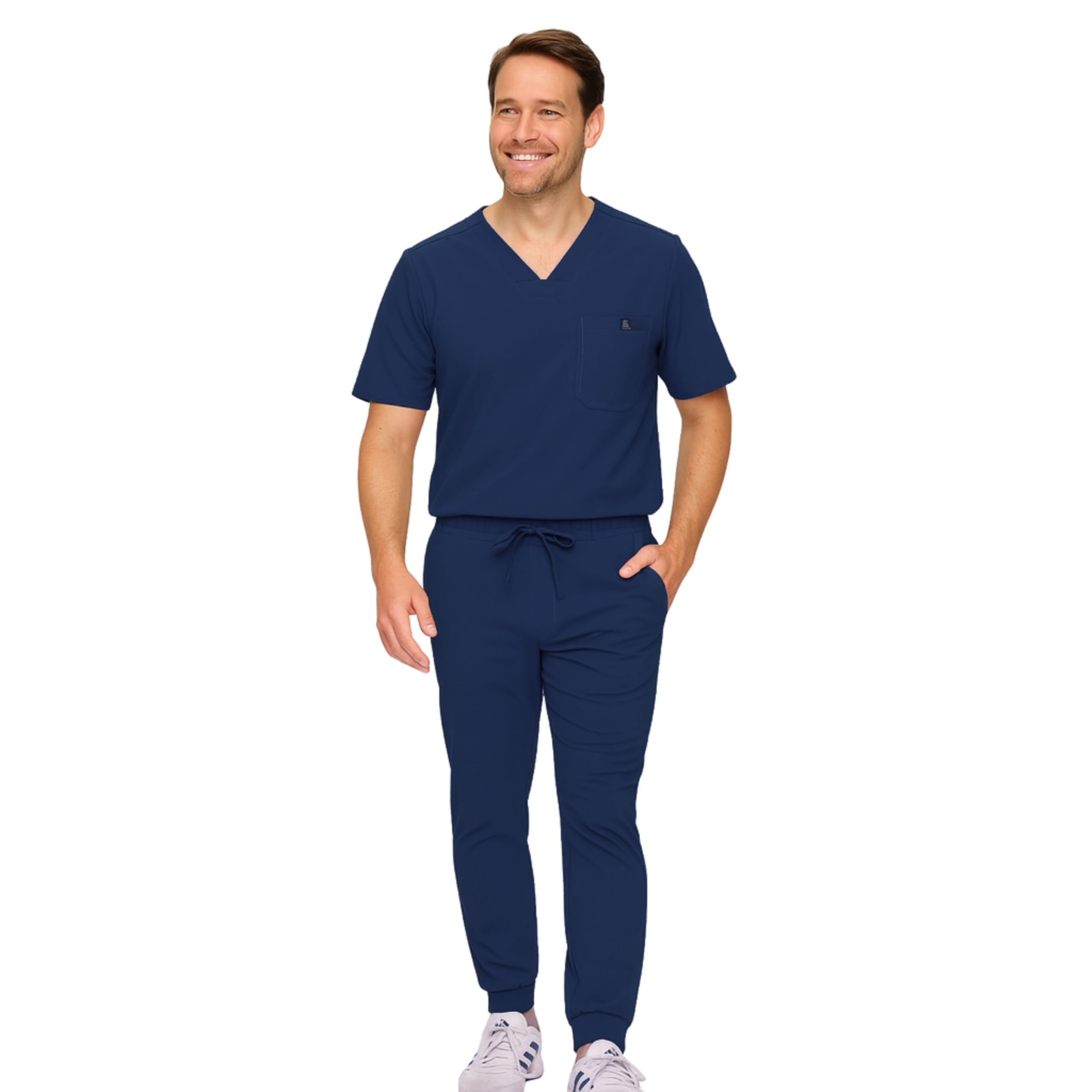M&M SCRUBS Herren Jogger-Schrubb-Set - Luxe Stretch Medizinische Uniform, V-Ausschnitt OP-Oberteil & Jogginghose (True Navy Blue, Large)