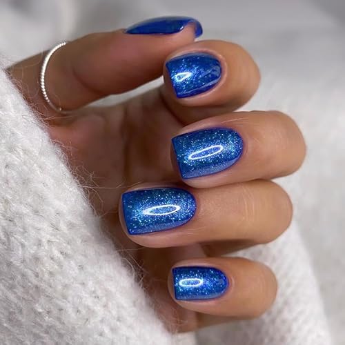 Uñas postizas a presión de color azul real, uñas cortas cuadradas de gel brillantes a presión, uñas postizas acrílicas reutilizables para mujeres, disponible en Yaxa Costa Rica