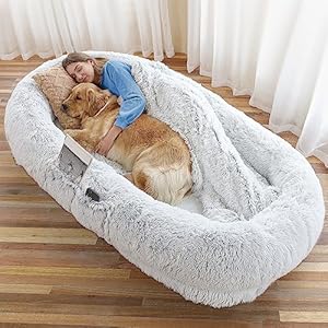 Human Dog Bed, 71″x45″x12″ Dog Beds for Humans Size Fits You and Pets, Washable Faux Fur Human Dog Bed for People Doze Off, Napping Orthopedic Dog Bed, Present Plump Pillow, Blanket, Strap – Grey