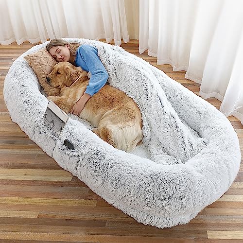 WROS Human Dog Bed - 71"x45"x12" Fits You & Pets, Washable Faux Fur, Orthopedic, Plump Pillow, Blanket, Strap - Grey by WROS - Used condition - US$110.89