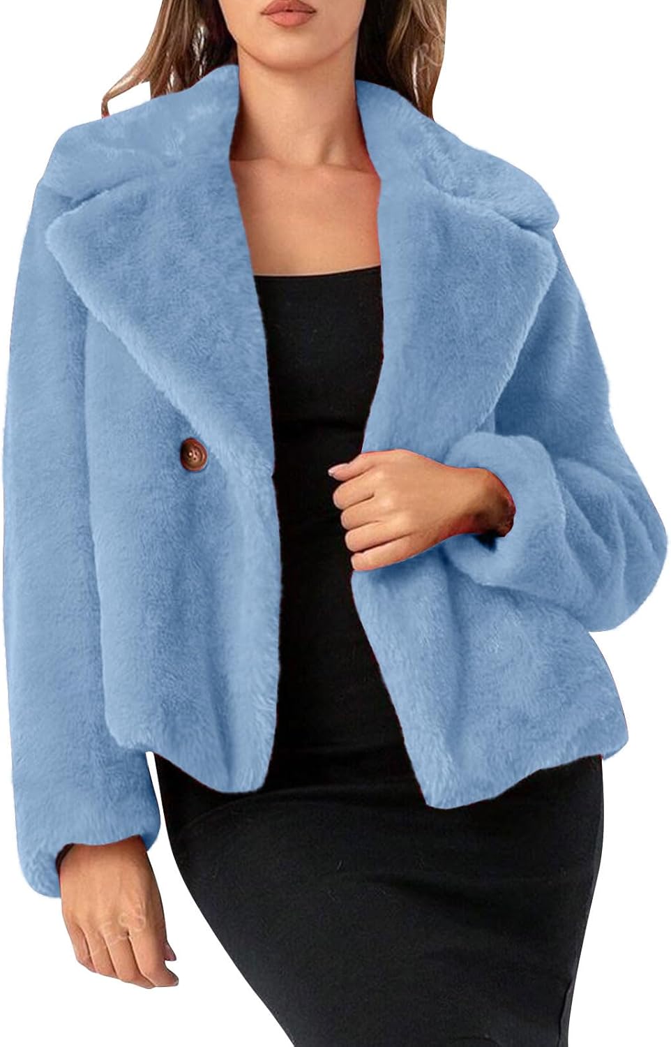 Womens Faux Fur Jackets Cropped Button Down Winter Jacket Warm Long Sleeve Fuzzy Shaggy Cardigan Lapel Fake Fur Coats