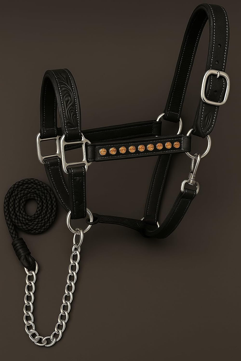 Handcrafted Leather Horse Halter – Tooled Design with Crystals, Cushioned Padding, Adjustable Fit, Chain Lead Pony M27
