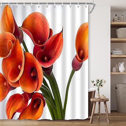 BCNEW Cortina de ducha con diseño de lirio de calla, decoración de flores naranjas, románticas, amor, primavera, creativa, tela de poliéster,