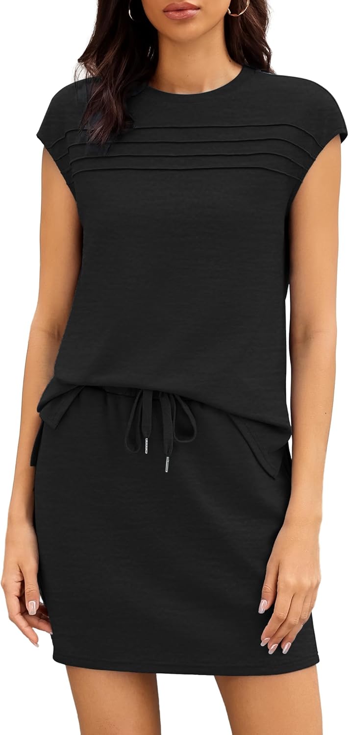 Casly Lamiit Two Piece Sets for Women Summer Skirt and Top Set Cap Sleeve Matching Drawstring Tennis Skort Outfits