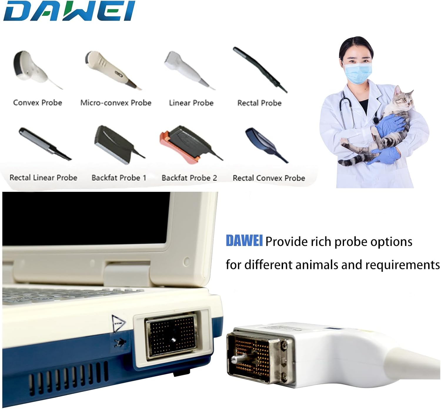 DAWEI Mu10 Veterinary Ultrasound Machine Scanner with Waterproof Probe B,BB,BM,4B for Vet Ultrasound Scanner Animals Pregnancy Examination for Dog,Sheep,Cattle,Horse,Pig (Micro-Convex Probe)