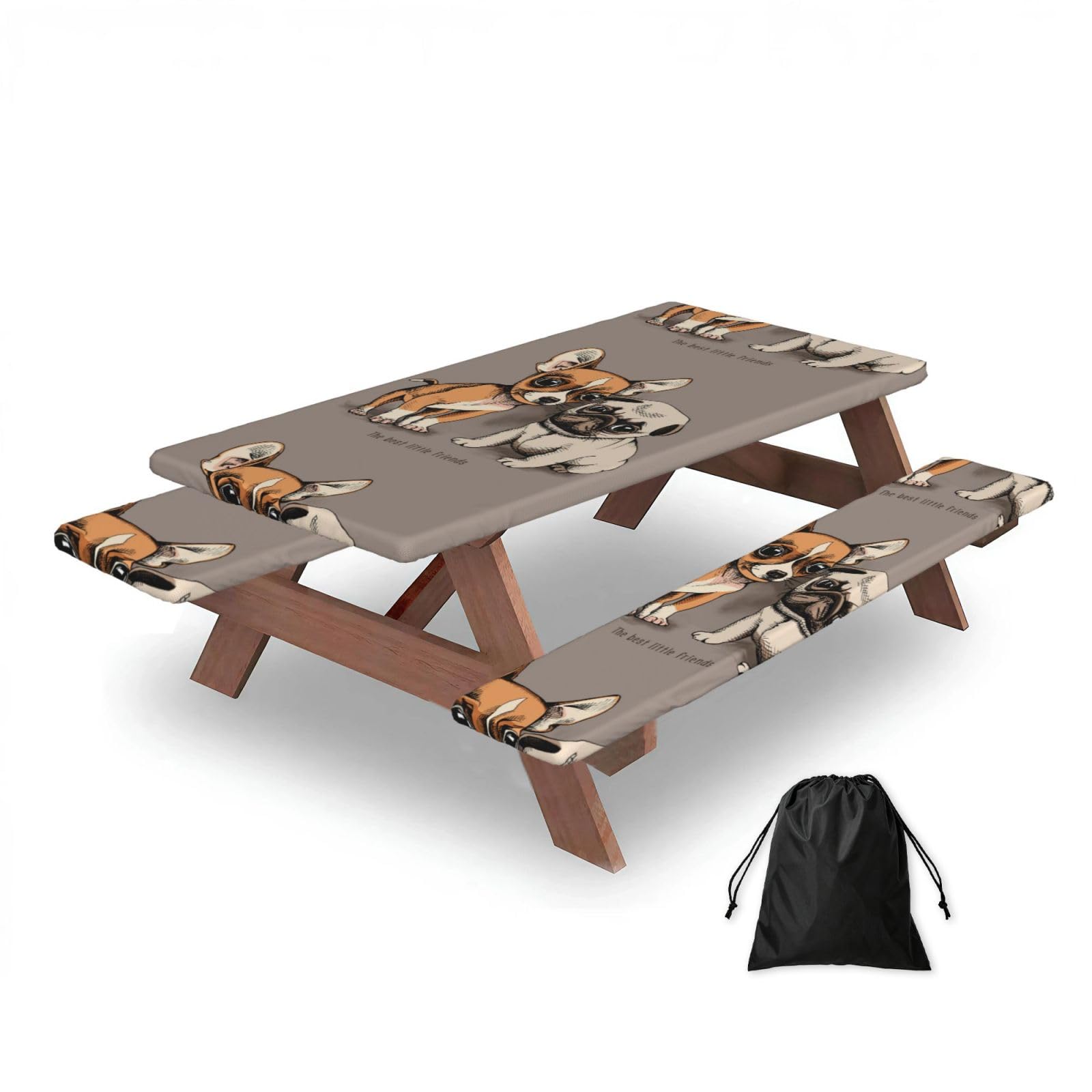 Dopklna As Picture Chihuahua Bulldog Cute Pug Dog Pet Animal Friends Puppy Beige, Picnic Table Cover With Bench Covers -Waterproof Elastic Fitted Tablecloth For Garden Camping Patio 76X152cm