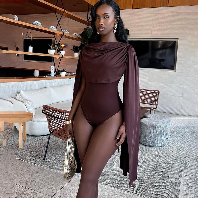 THLAI Sexy Jumpsuits for Women Cape Long Sleeve Bodysuit Top One Piece Club Night Out Outfits Bodycon Romper - Image 3