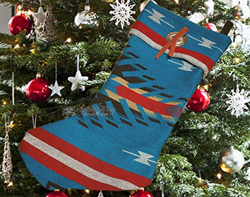 Southwestern Christmas Stocking - Woven Fabric, Metal Concho w/Leather Tie - Native Designs for Southwest Style, Western Decor, Cabin or Lodge (Maricopa Blue)
