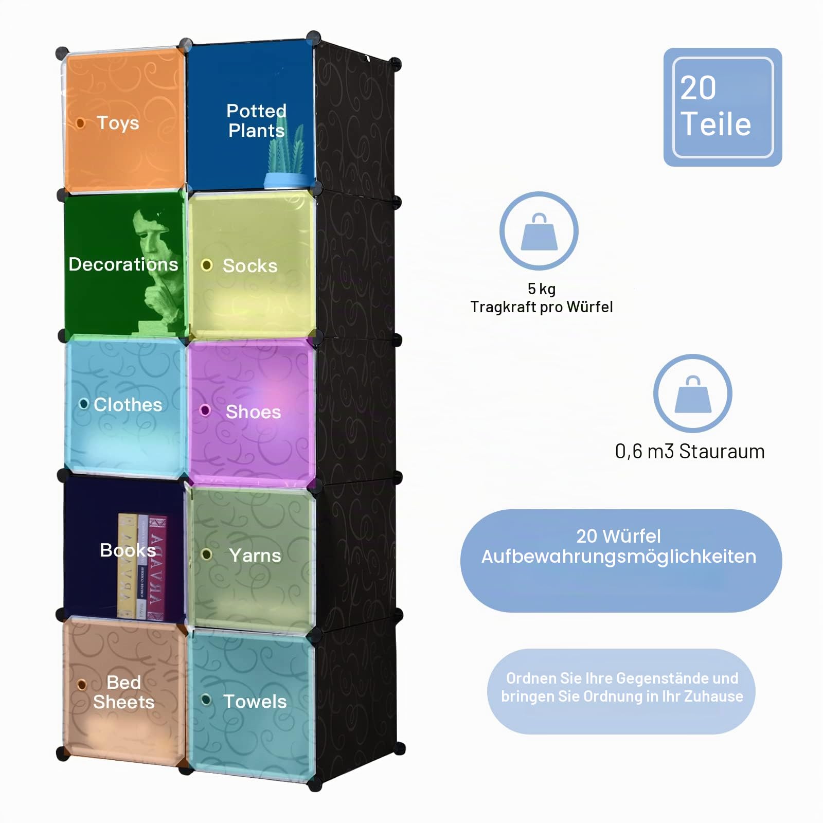 GIANTEX Steckregal Regalsystem mit 20 Würfeln, Kleiderschrank Aufbewahrungsschrank modularer Organizer aus Kunststoff, Würfelregal stapelbar mit Kippsicherung, 145x47x180 cm