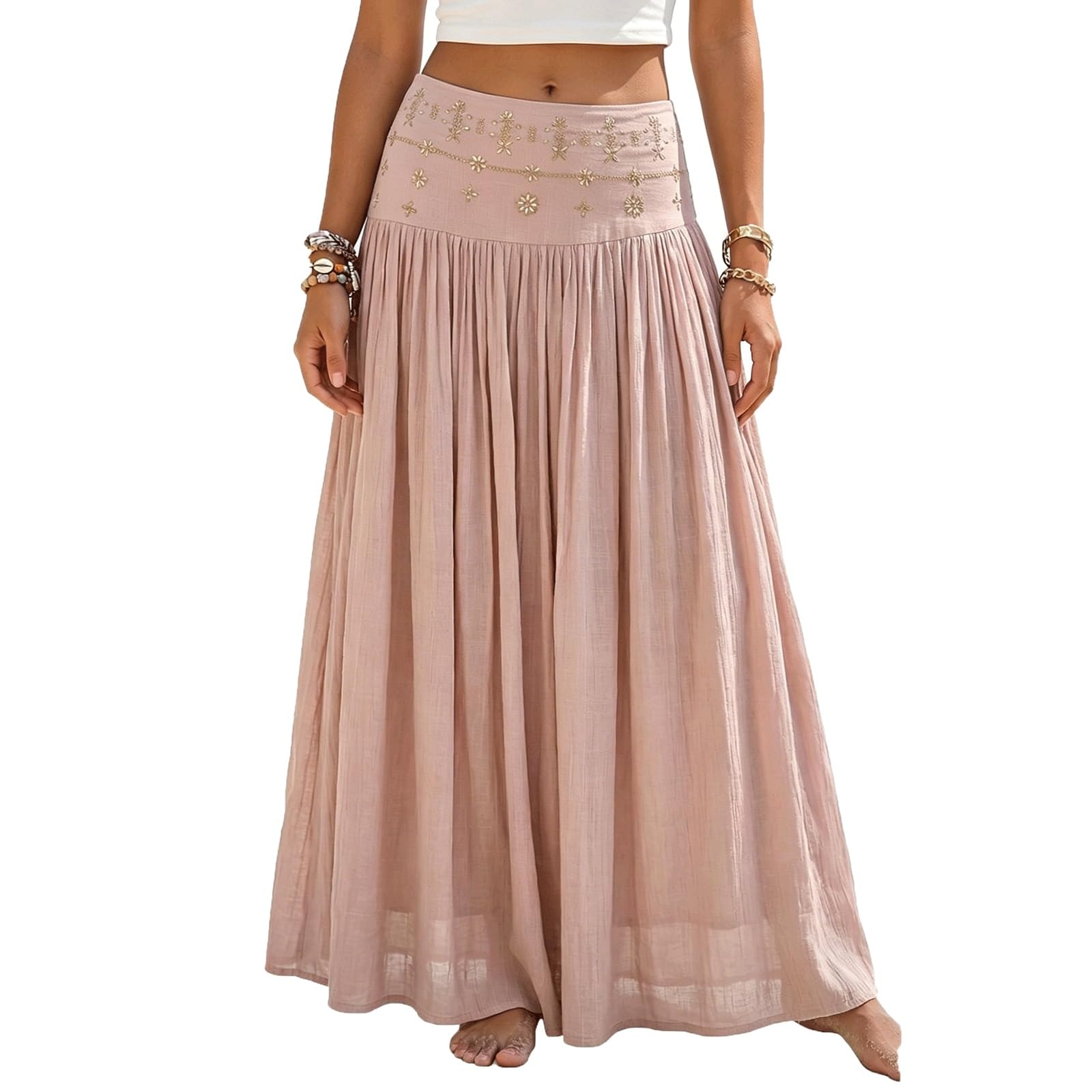 UYHBCNQD Women's Maxi Skirts Solid Color Midi Long Skirt Rhinestone Decor(Rose,Lagre)