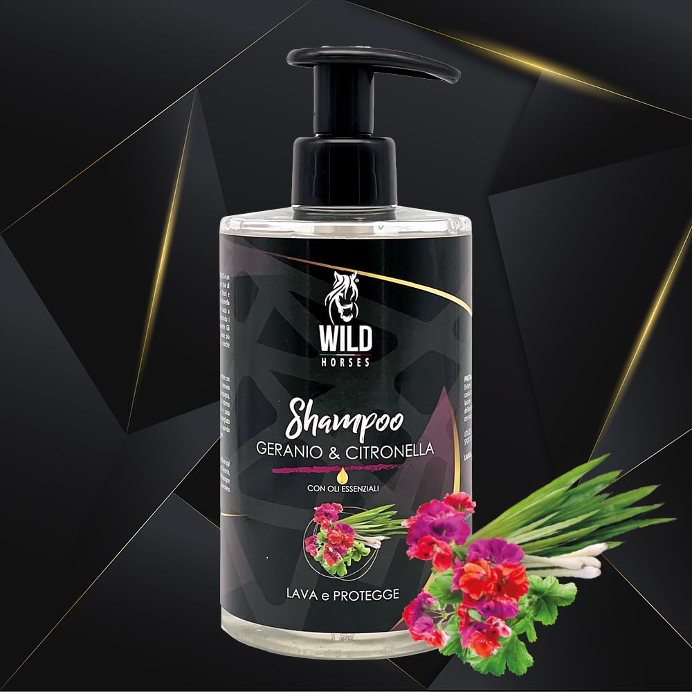Wild Horses | Shampoo per Cavalli Geranio & Citronella con Oli Essenziali, Rinfresca e Protegge, Elimina i Cattivi Odori, Barriera Naturale, Adatto a Tutti i Tipi di Manto, 500ml, Made in Italy