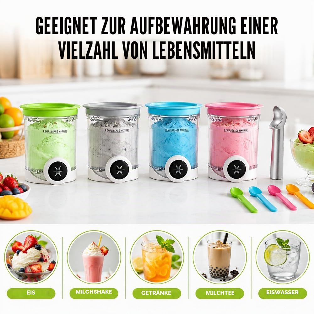 4 Stück Eisbehälter mit Deckel Passend für Ninja Swirl, Ersatz-Pints Eiscreme-Behälter für Ninja CREAMi NC700 NC701 Modelle, BPA-frei & Spülmaschinenfest, Zubehör für Eismaschine mit Löffel
