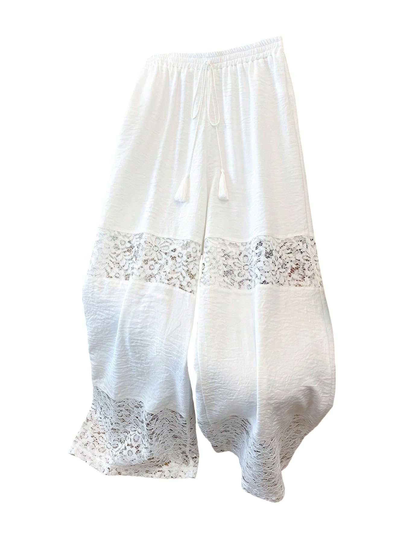 MakeMeChic Womens Plus Size Pants Floral Lace Tassel Wide Leg Boho Beach Cover Up Trousers