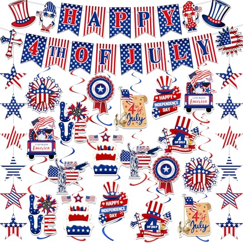 Image of 57pcs 4th of July Independence Day Patriotic Decorations, Red White Blue Happy 4th of July Banner Hanging Swirls America Flags for Memorial Day Decorations