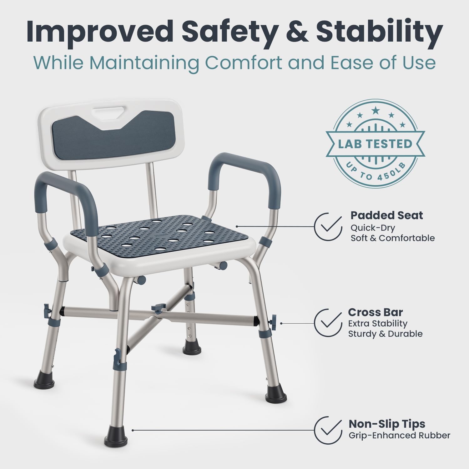 Shower Chair (450lb) with Padded Armrests and Back, Showers Chair for Elderly and Disabled, Adjustable Height Shower Seat, Heavy Duty Shower Chairs for Inside Shower, Handicap - Grey