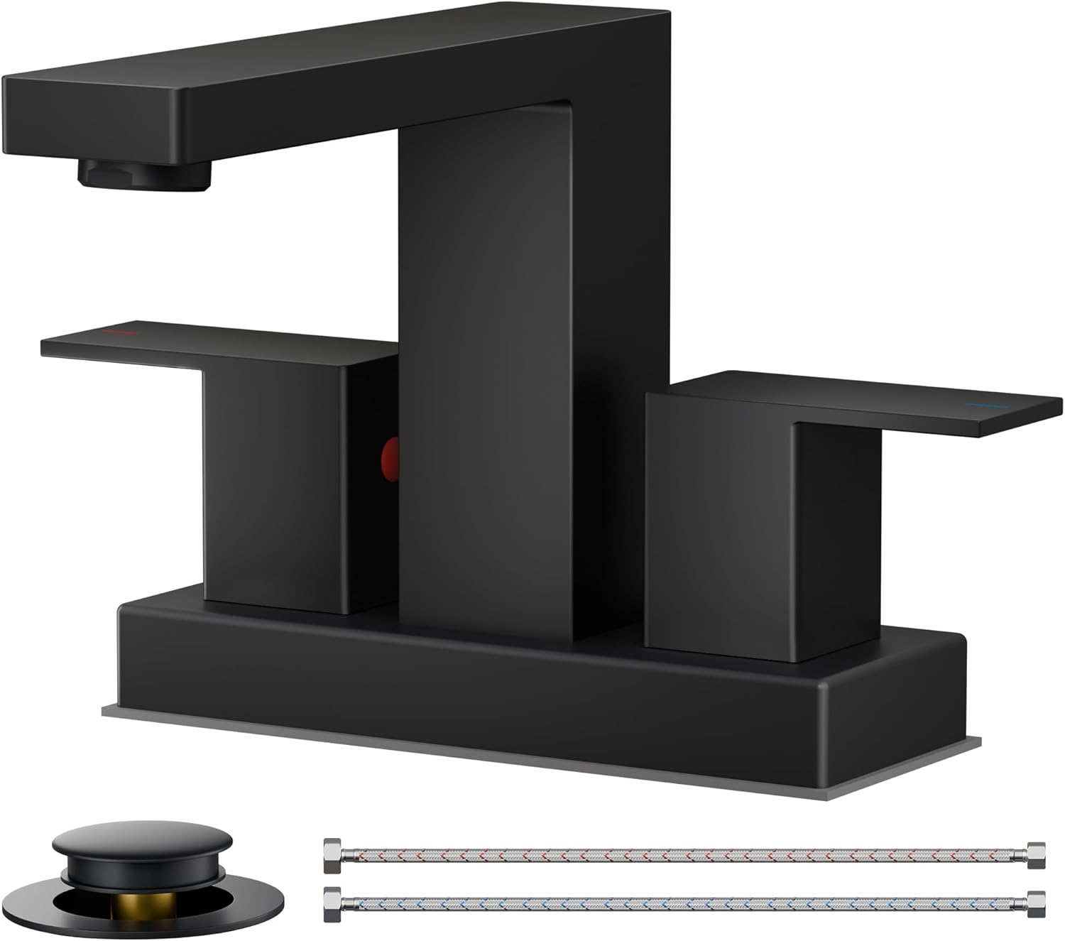 FORIOUS 4 Inch Bathroom Faucet Centerset Black 2 Hole, Square Matte Black Centerset Bathroom Sink Faucet 4" with Metal Pop Up Drain, 24" CUPC Hose and Spare Water Saving Aerator