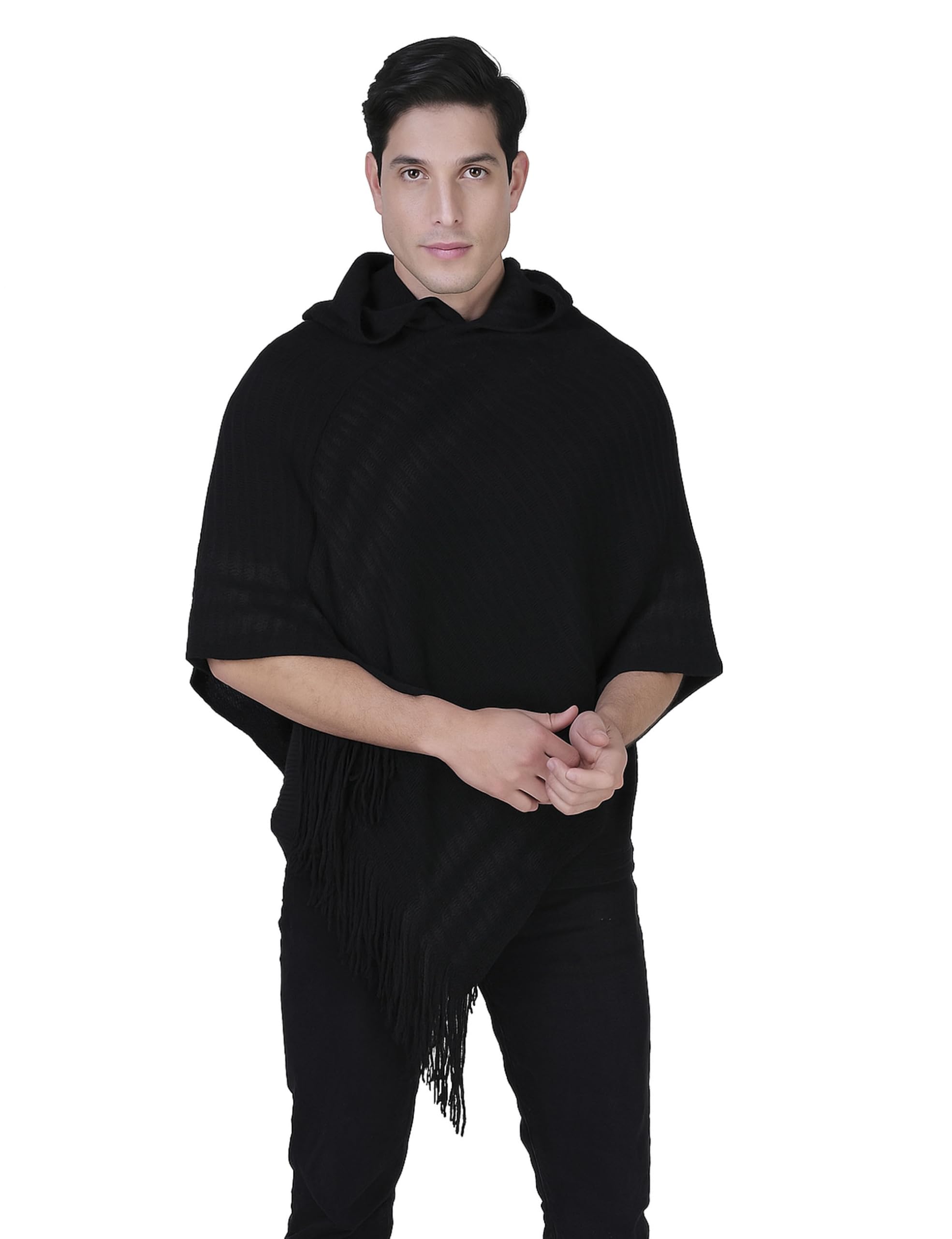 Men's Woolen Hooded Neck Solid Frill Poncho with Cap for Winter, Warm and Soft Wool, Stylish and Comfortable, Perfect for Casual Wear, Outdoor and Travel, Gifting