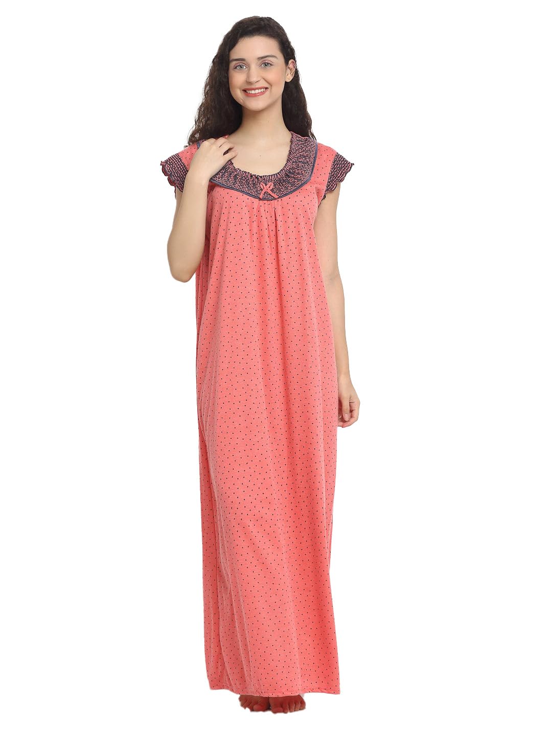 secret wish Women's Hosiery Dotted Print Maxi/Nighty/Half Sleeves/Nightwear/Full Length/Slip On/Free Size Orange-picture-42