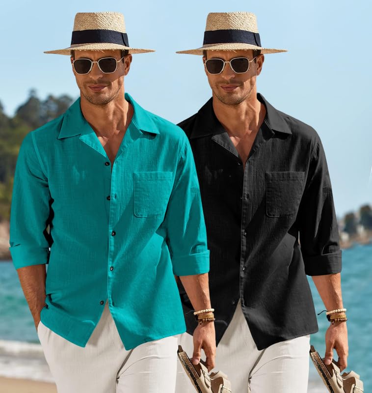Image of Combo of Men's Casual Cotton Blend Shirt || Long Sleeve Button Down with Spread Collar | Lightweight Breathable Fabric | Stylish Solid Shirt for Beach, Office & Everyday Wear Pack of 2