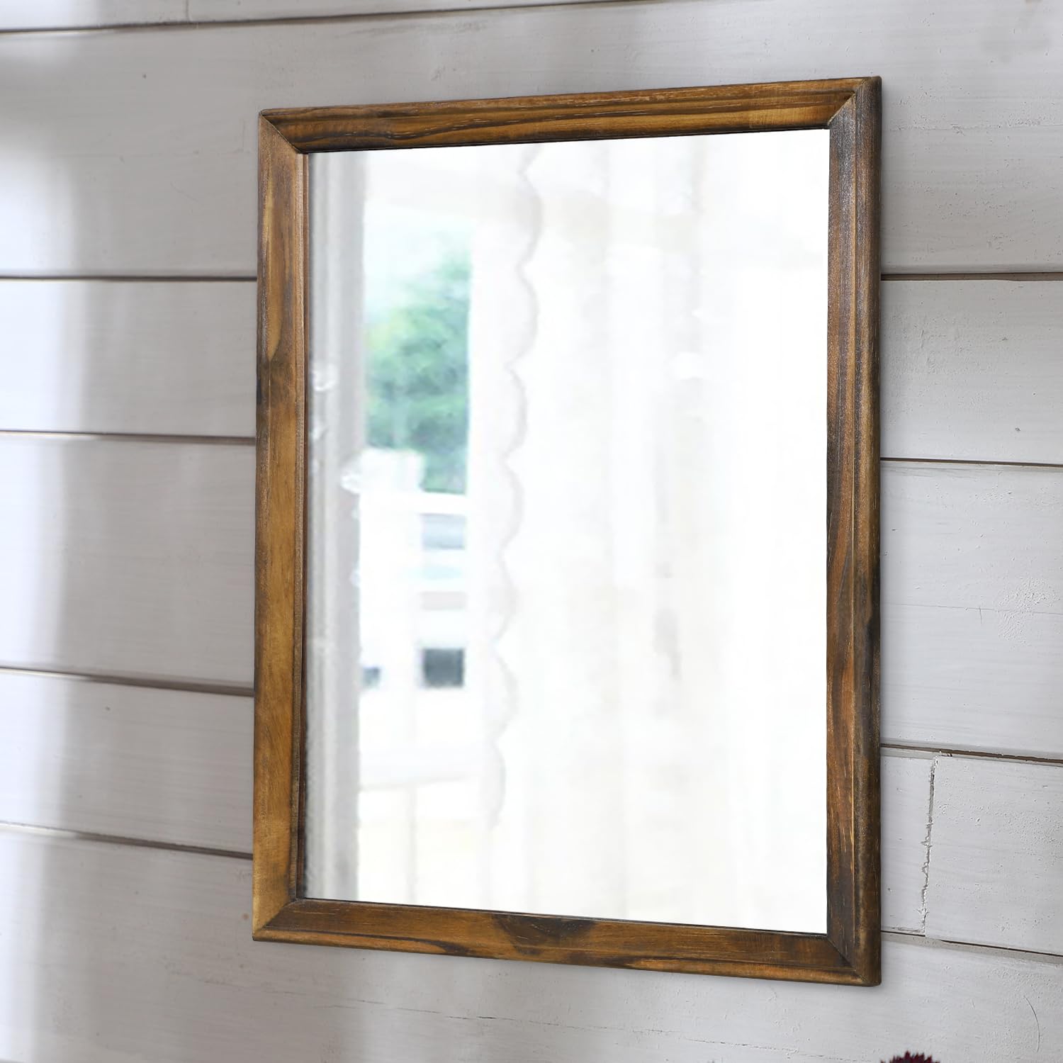 Aazzkang Retro Brown Wood Frame Large Rustic Farmhouse Mirror 20"X16" Rectangle Decorative Wall For Bedroom Bathroom Living Room