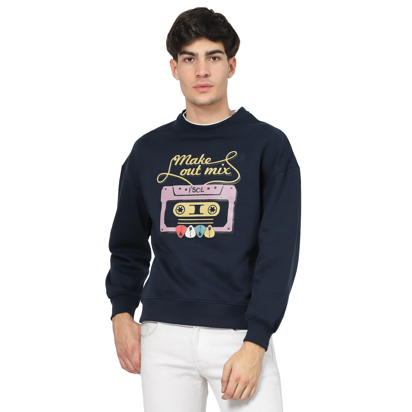 i'sol Rhythm Men's Navy Fleece Oversized Sweatshirt with Cassette Print and Colour Detailing on Neck and Hem Size M