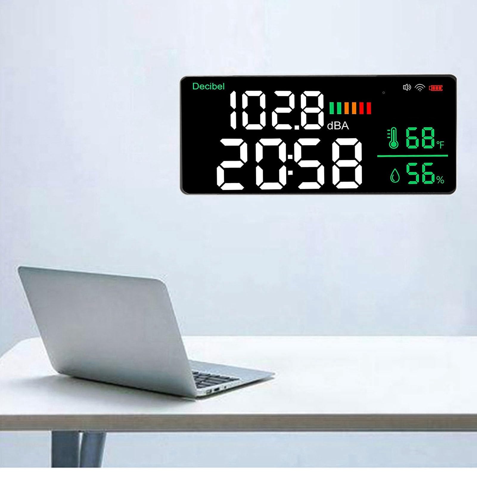 Medidor de Decibelios LED 4 en 1, Medidor de Nivel de Sonido WiFi para Colgar en la Pared, Rango de 30-130 DB, Pantalla LED Grande de 11 Pulgadas, Ruido, Tiempo, Temperatura y Hume