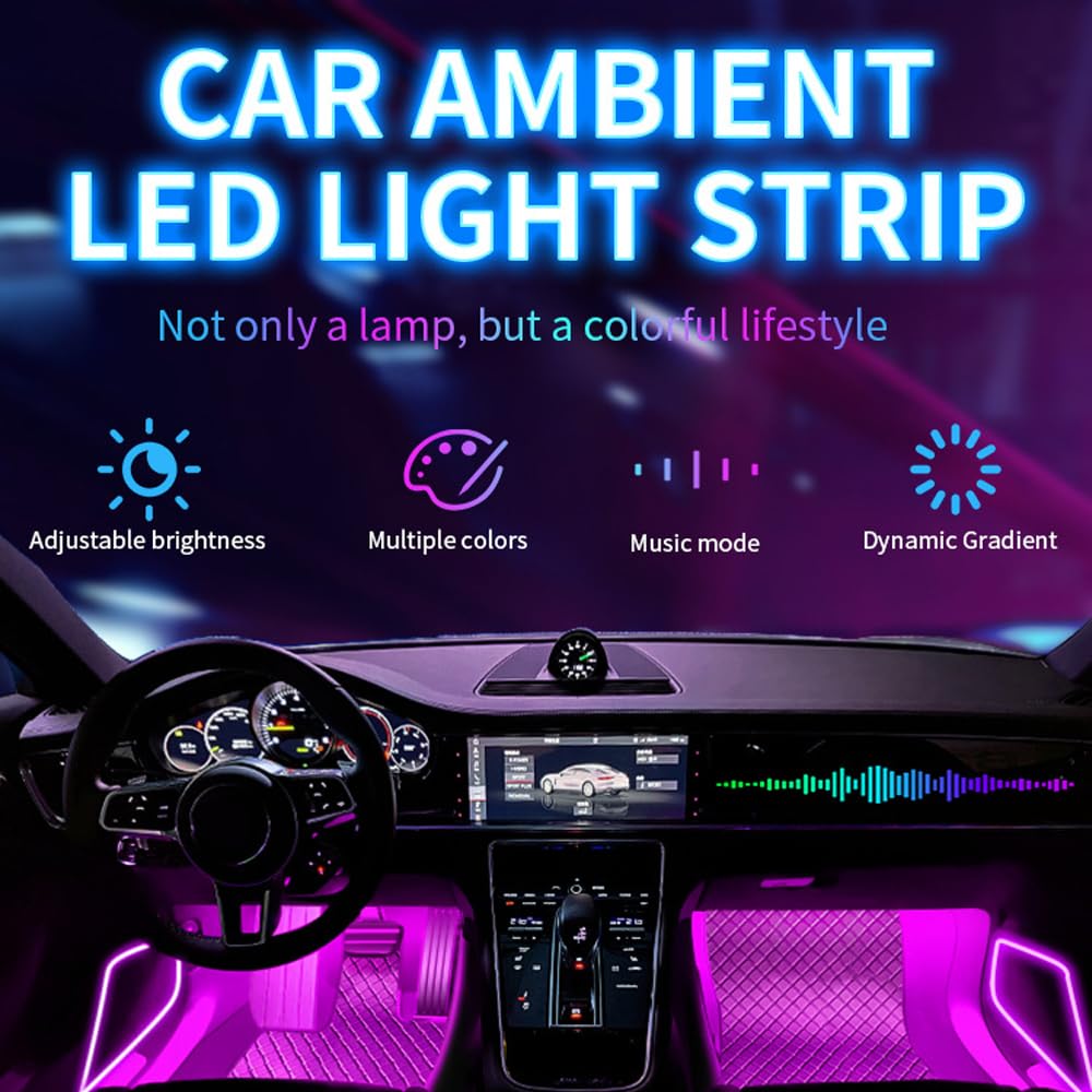 Oświetlenie wewnętrzne LED do samochodu, 4 paski 72 LED, oświetlenie wewnętrzne, oświetlenie otoczenia, 12 V, wodoszczelne, taśma LED z zapalniczką na papierosy, zastosowanie i sterowanie