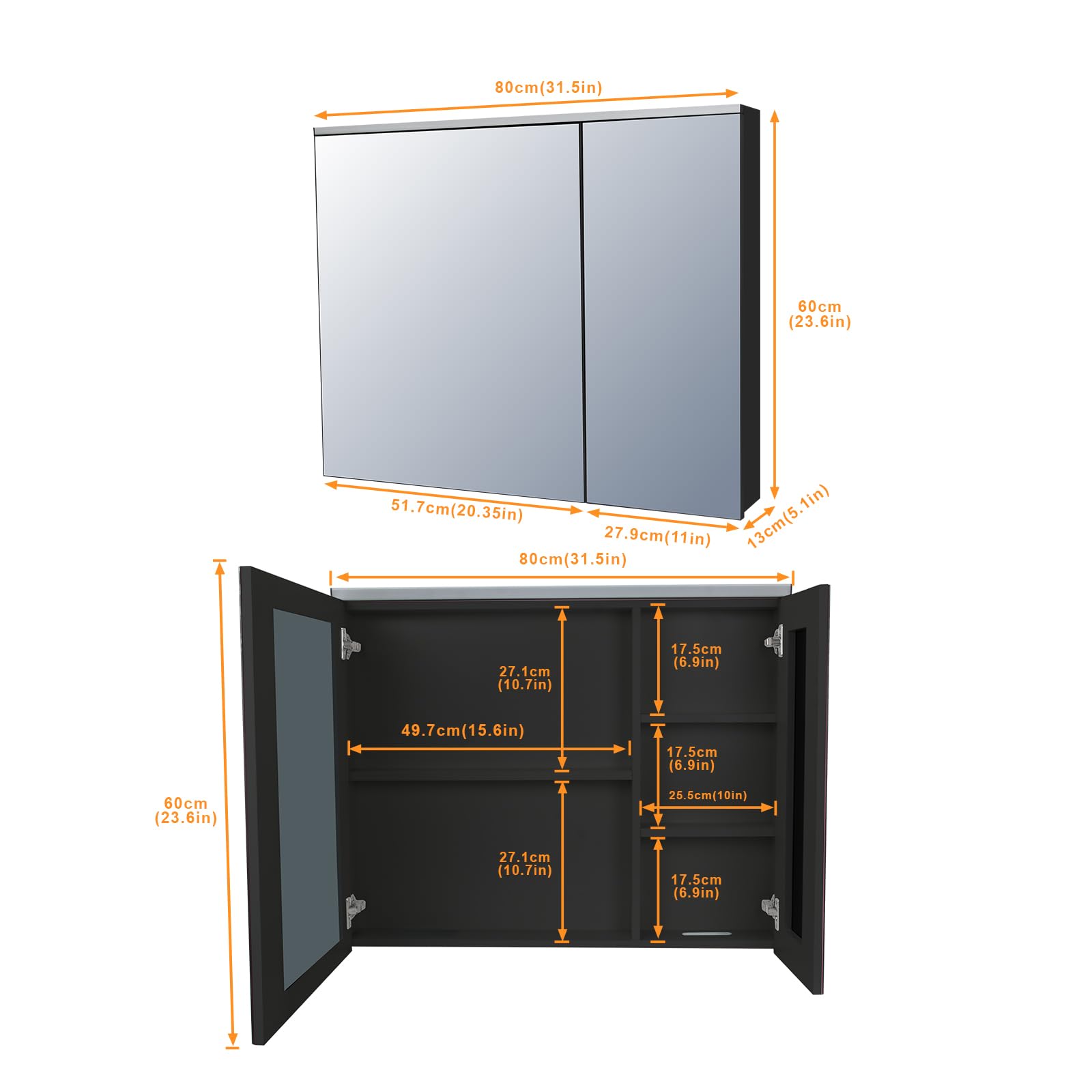 Armario con espejo de baño con iluminación LED, armario con espejo para baño con 5 estantes, interruptor táctil, armario de baño con espejo, 80 x 13 x 60 cm, color negro