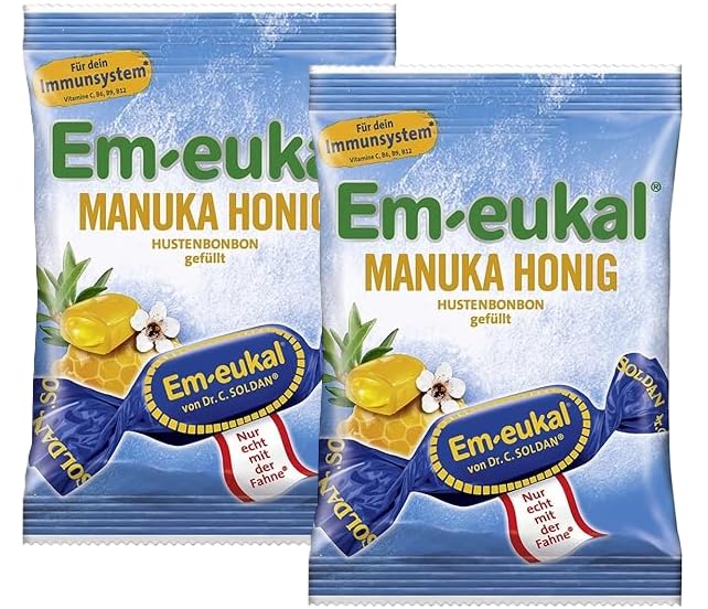 Em-eukal Hustenbonbons Manuka Honig 2 x 75 g Doppelpack Wohltuend für Hals & Immunsystem Premium Halsbonbons