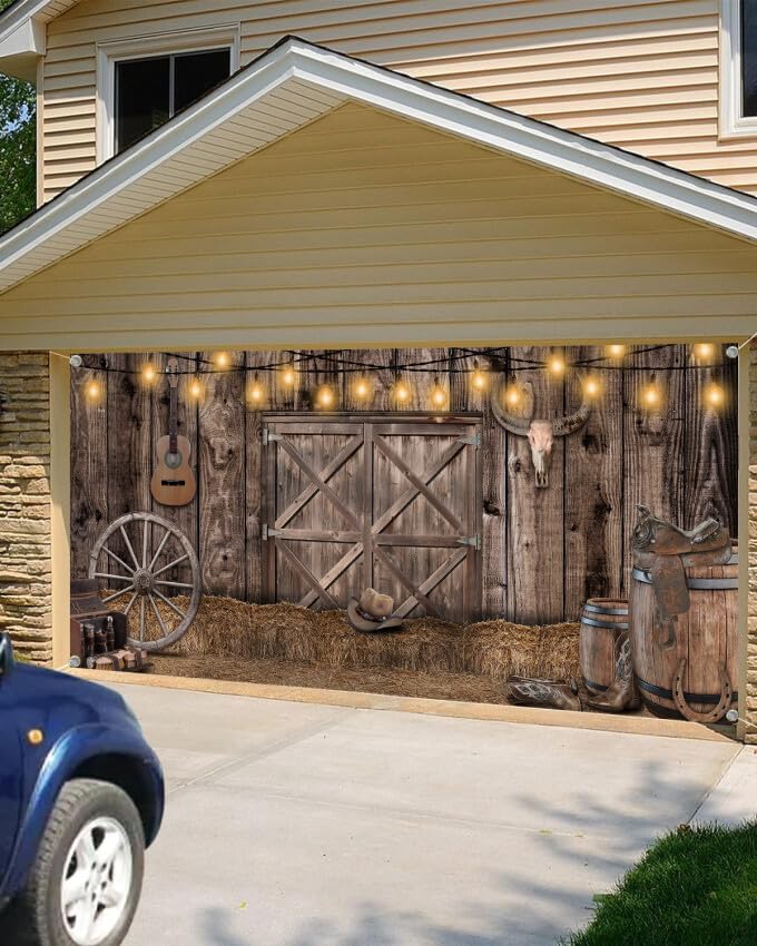 8X6ft Rustic Wood Garage Door Banner, Wood Barn Door Garage Door Backdrop Brown Wooden Garage Door Cover, Western Cowboy Photography Background Birthday Party Baby Shower Party Decor Banner