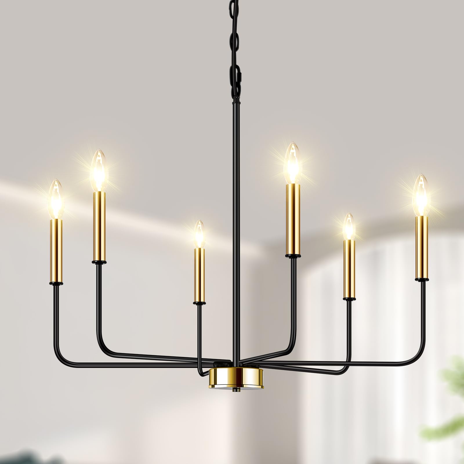 6-Light Farmhouse Gold Chandelier Light Fixture, Industrial Candle Ceiling Hanging Lighting, Adjustable Height Pendant Lighting with E12 Base for Kitchen Island Living Room Bedroom Foyer