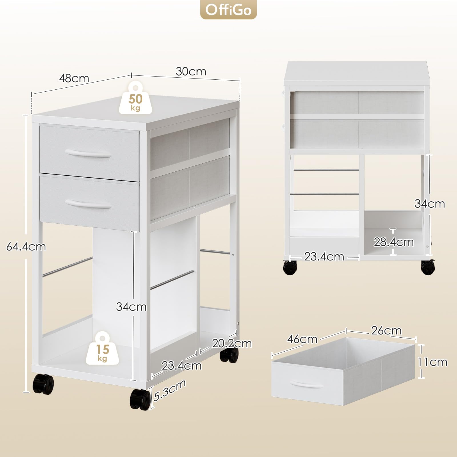 OffiGo Rollcontainer Schreibtisch mit Rollen und 2 Schubladen，Weiß | Rollcontainer mit Wechselbarem Seitenträger und Bremsrollen, Mobiler Büroschrank für A4, Legal & Letter