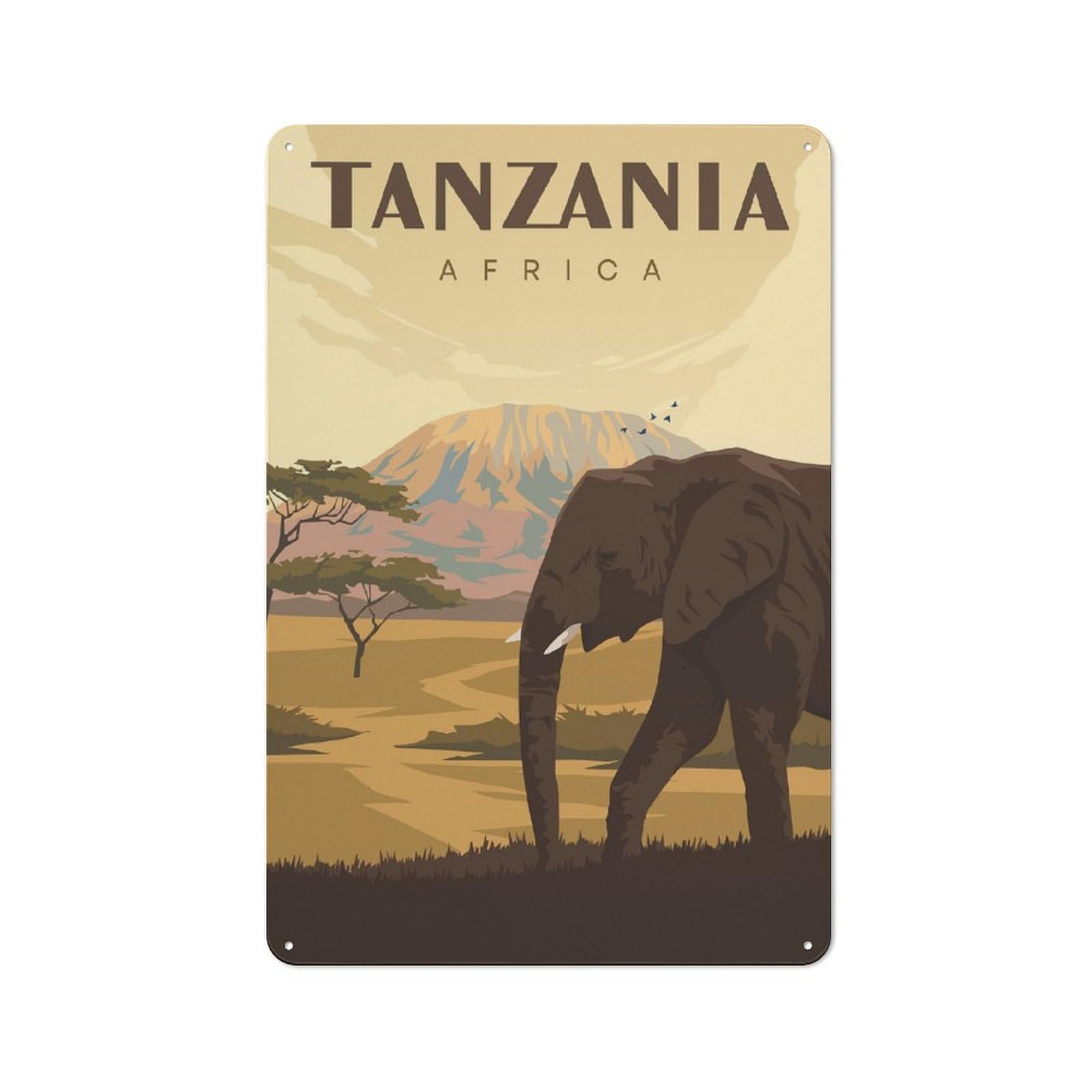 Junmoney Style-7 Decorative Tin Plaque With Tanzania Africa Travel Design 30X20cm, Nostalgic Home Bar Decor For Bar, Kitchen, Garage Or Games Room