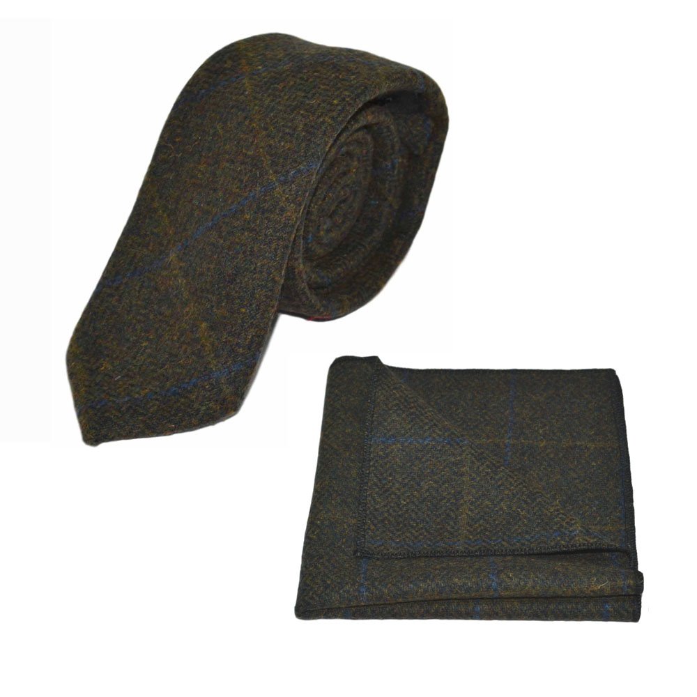 King & Priory Green Luxury Juniper Herringbone Check Tie & Pocket Square Set, Tweed