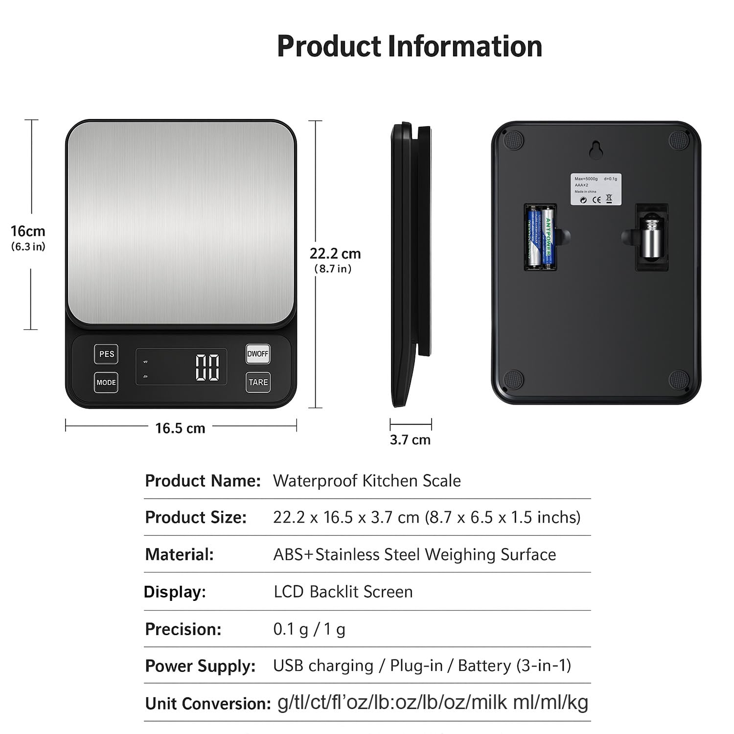 Balance de cuisine numérique étanche de précision 0,1 g, balance électronique en acier inoxydable avec 3 options d'alimentation (rechargeable/AAA/intégrée), conversion de 10 unités, veille